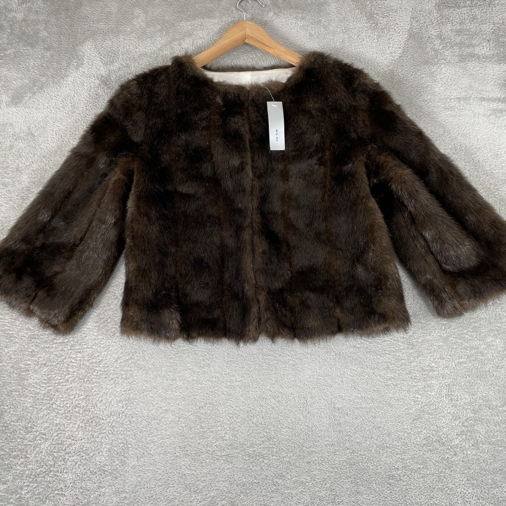 WDNY Faux Fur Jacket Womens Medium Brown Wide Bell Sleeve Cropped Glam Coat Y2K